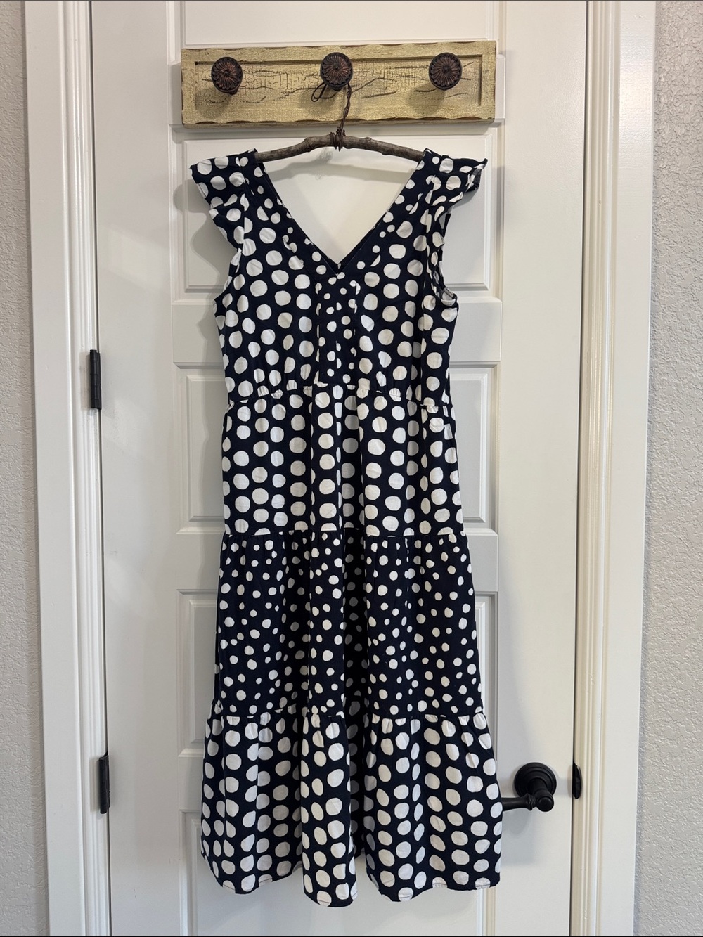 LOFT Navy and White Polka Dot V-Neck Midi Dress